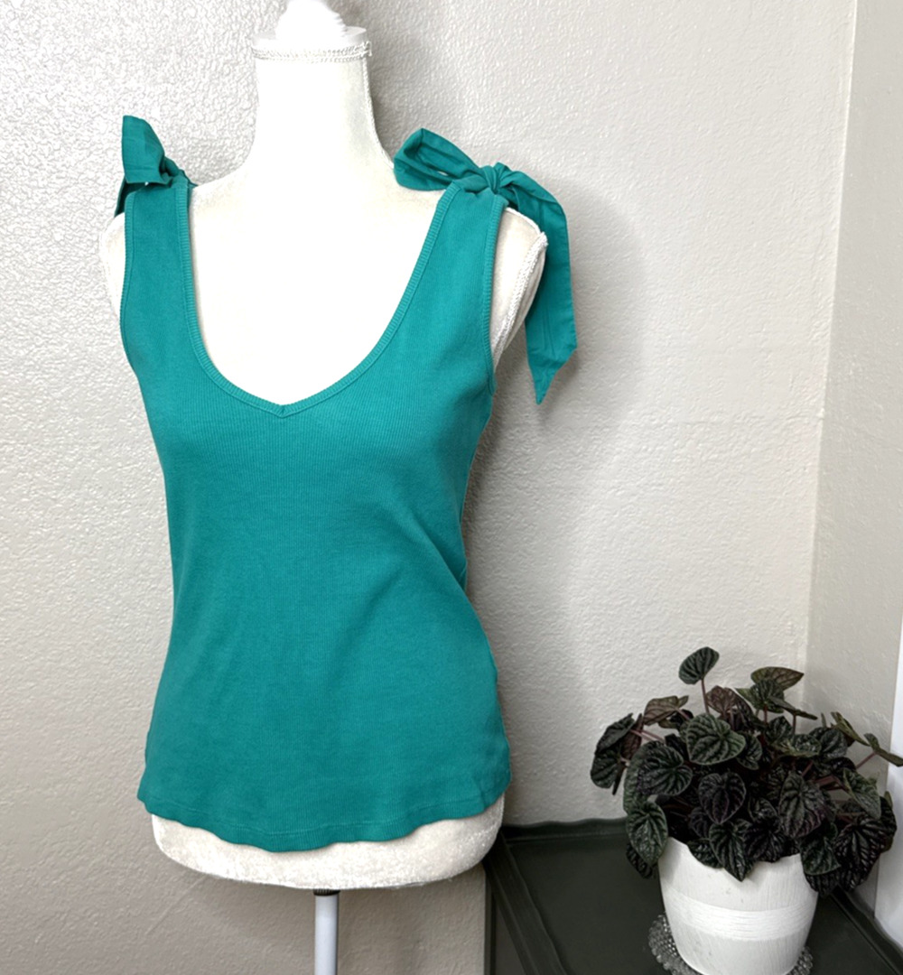Anthropologie Maeve Size M Rafaela Teal Green Cotton Bow Tank Top Ribbed